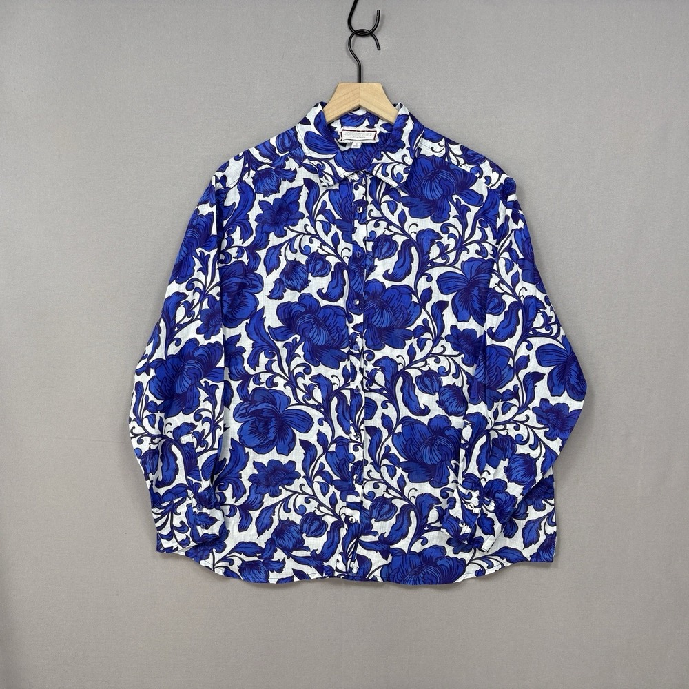 Johnny Was Workshop Blouse Button Front M Blue Floral Sheer Boxy Ramie BOHO EUC